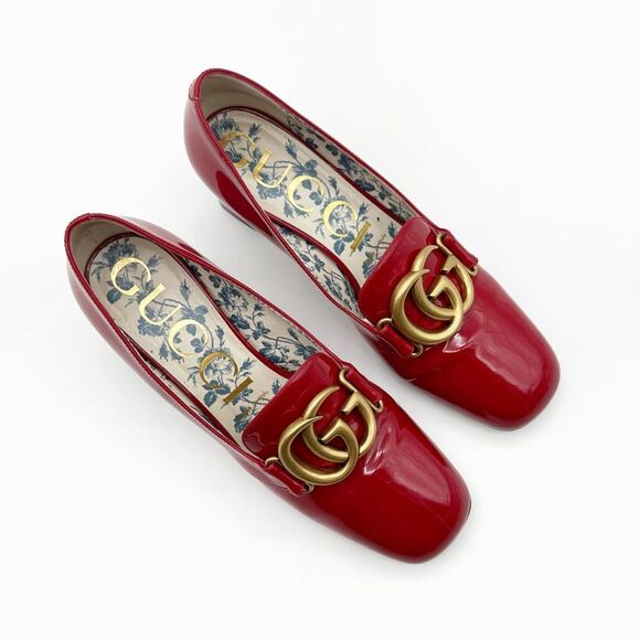 GUCCI Victoire Marmont GG Red Vernice Heel Size 37.5 Patent Leather Loafers - Picture 4 of 13